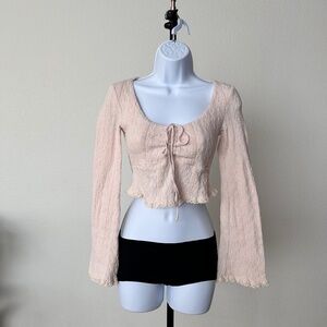 EUC Edikted Y2K womens lace trim crop top bell sleeves in warm beige sz S